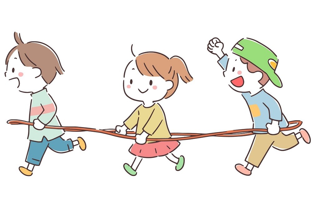 ロープを使って電車ごっこをしている子どもたちのイラスト