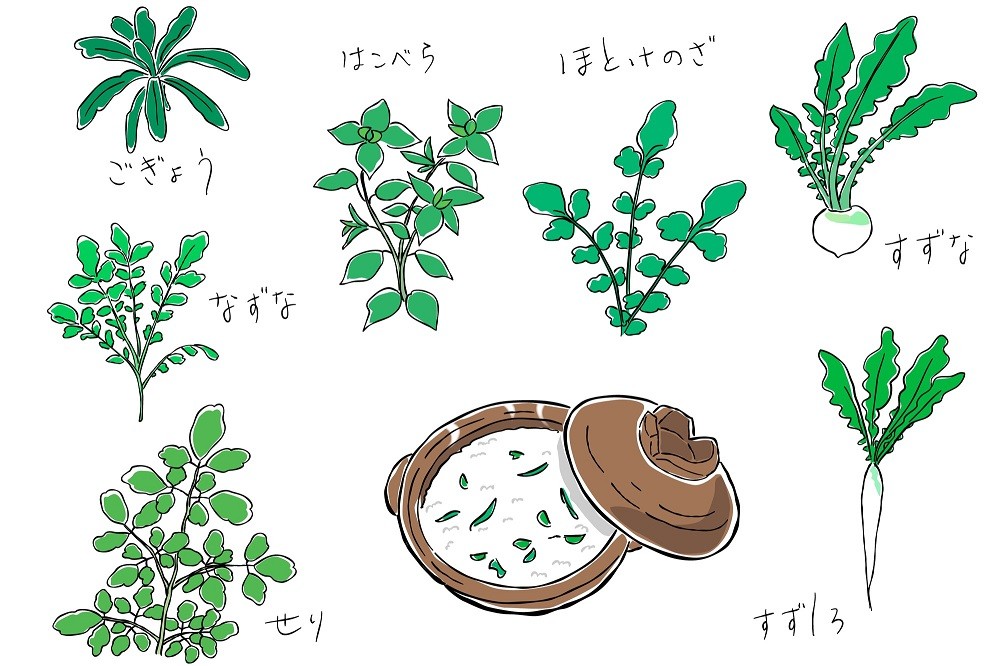 春の七草と七草がゆのイラスト