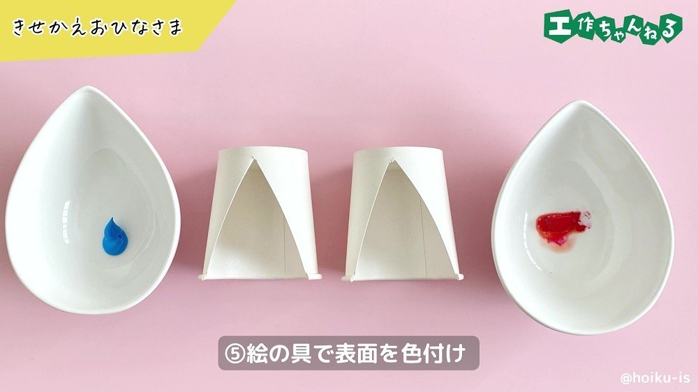 赤と青の絵具と切り抜かれた紙コップ