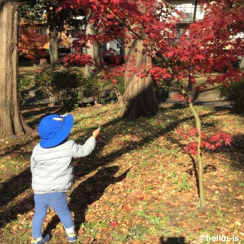 木の棒を持って遊んでいる子ども