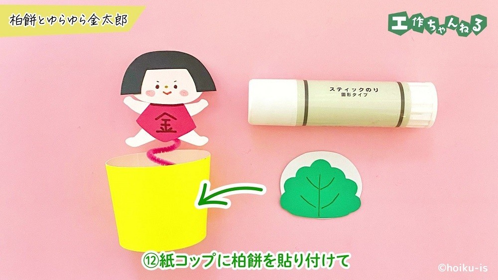 モールの先端についた金太郎と柏餅を貼る位置を示している矢印