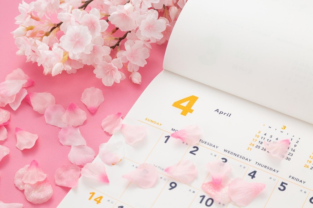 4月のカレンダーと桜の花びら
