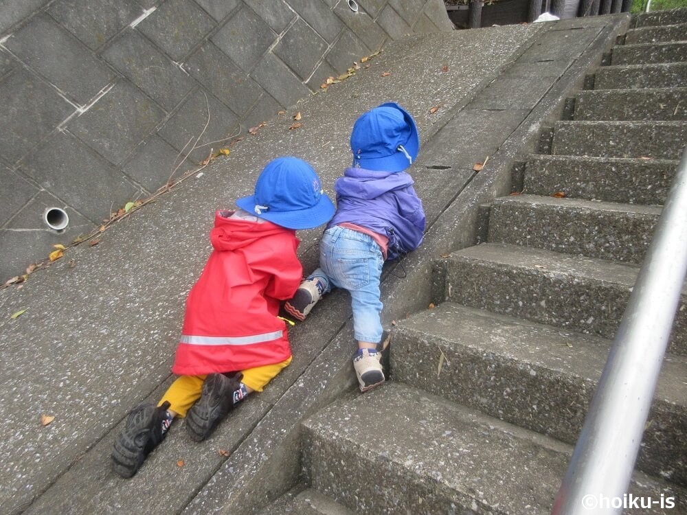 階段を登ろうとする子どもたち