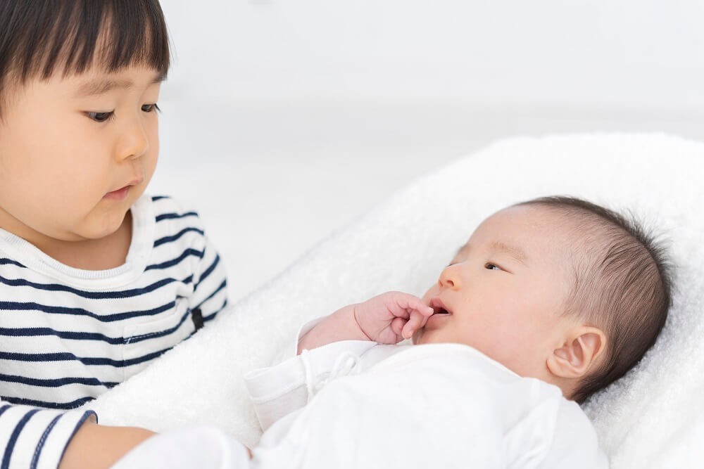 赤ちゃんを見つめる幼児の写真