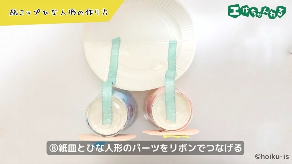 リボンを貼り付けた紙皿とおひなさまのパーツ