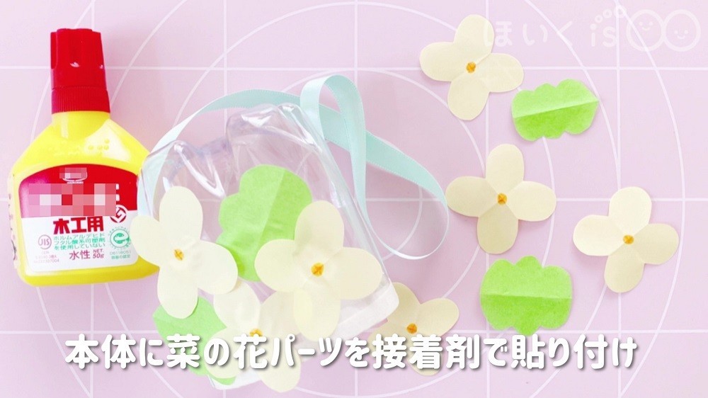 ペットボトルの本体に菜の花のパーツを接着剤で貼り付け