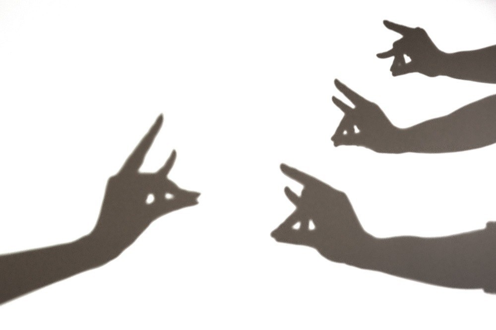 指でキツネの形を作って影絵に映している様子