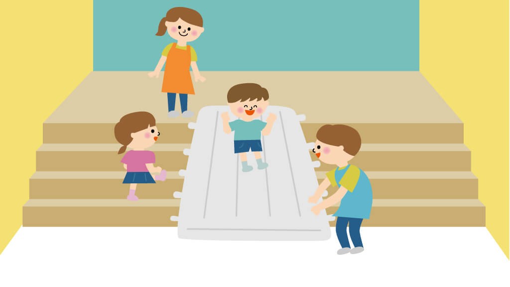 階段マット滑り台で遊ぶ子どもたちのイラスト