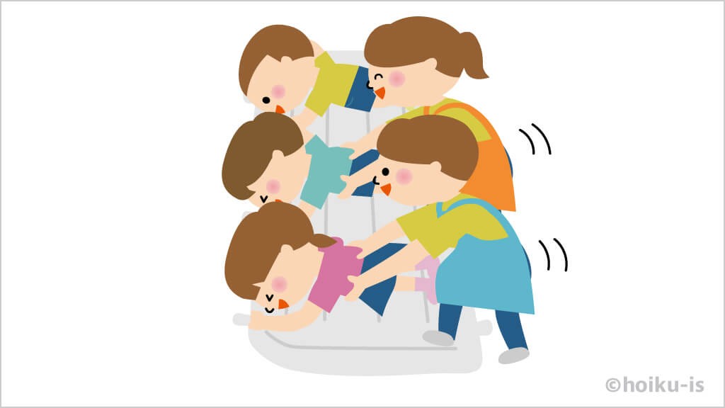 子どもたちの体を引っ張る先生のイラスト