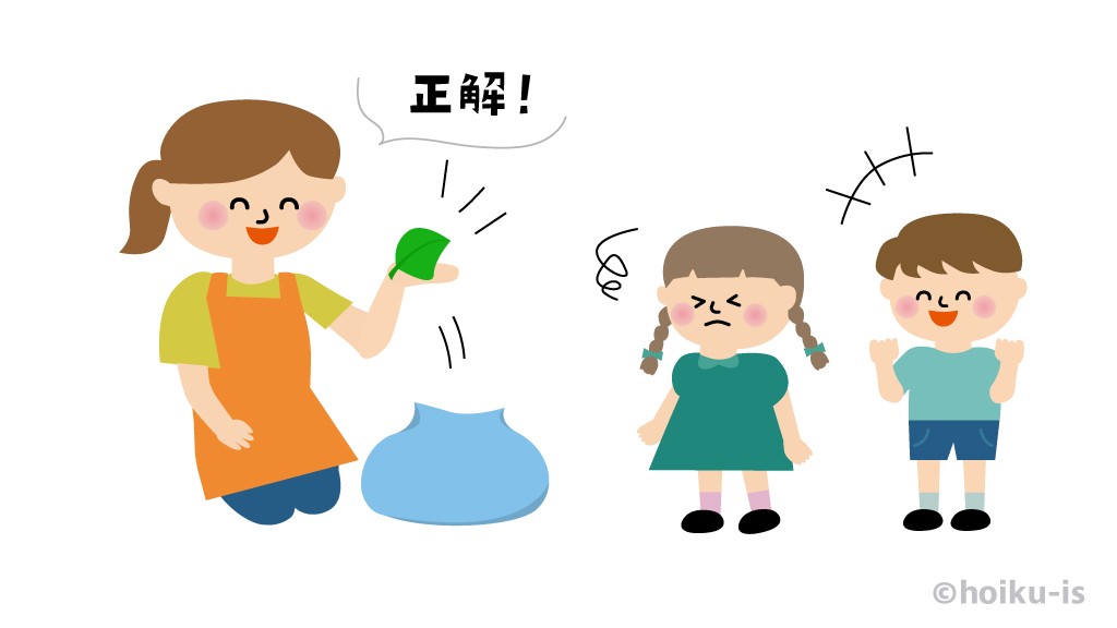 葉っぱクイズの答え合わせをする子どもたち