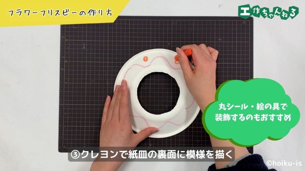 クレヨンで紙皿に模様を描く