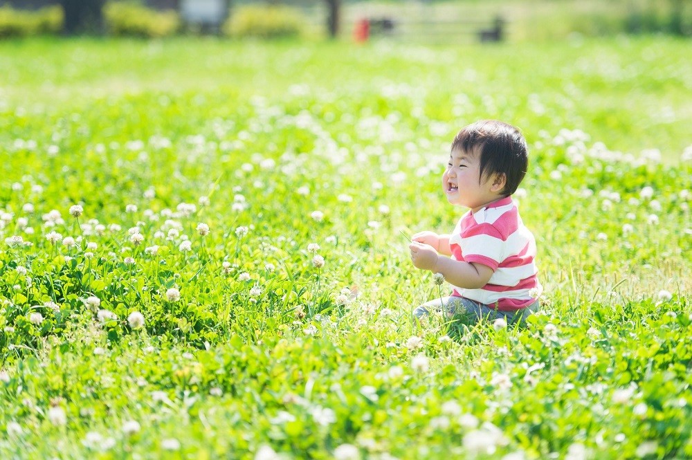 野原で遊んでいる子ども