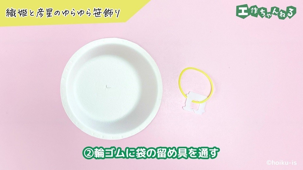 輪ゴムを通した袋の留め具と紙皿