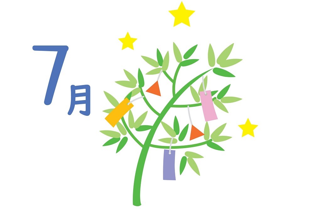 短冊がぶら下がっている笹飾りをあしらった7月のイラストイメージ